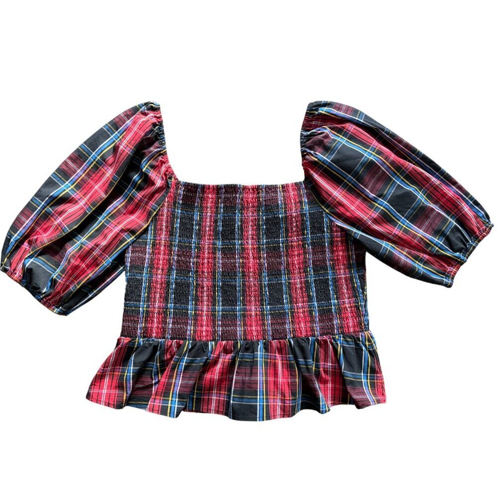 Draper James RSVP Plaid Smocked Peplum Top XL Red Tartan Holiday Party Christmas - Picture 4 of 5